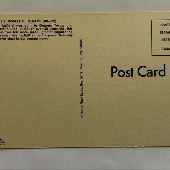 USS Robert H. McCard (DD-822) Destroyer Ship Vintage Postcard (1970s) - Picture 3 of 3